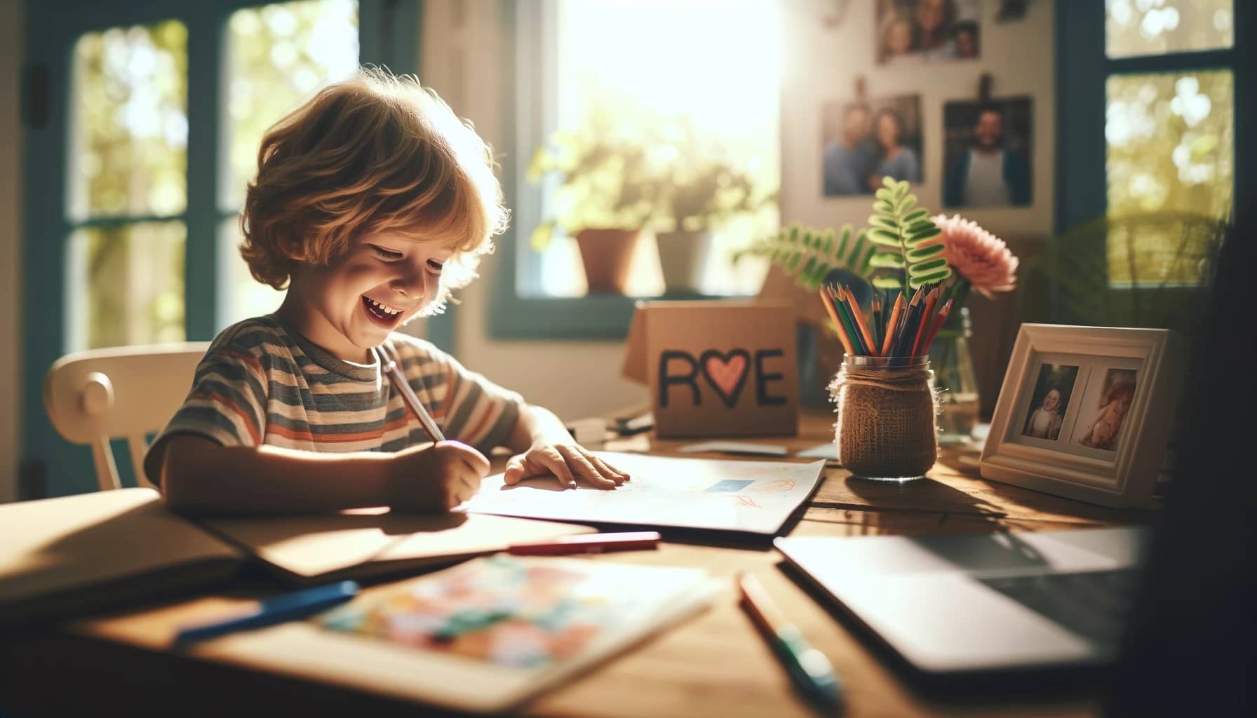 joyful child, immersed in creating an uplifting artwork, bathed in natural sunlight that fills the scene with warmth and highlights the expression of sincere happiness