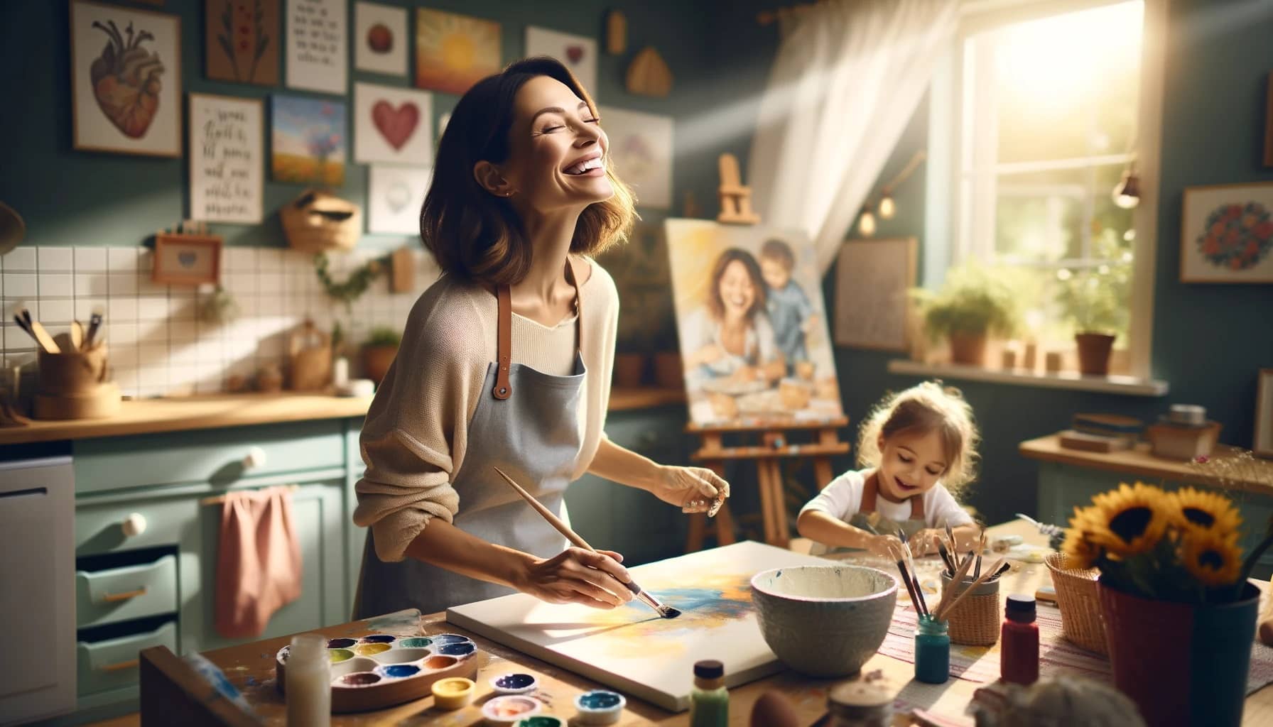 stay-at-home mom engaged in a fulfilling activity, radiating joy and contentment